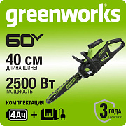 Цепная пила аккумуляторная Greenworks GD60CS25, 60V, 40 см, бесщеточная, 2500 Вт, с 1хАКБ 4 Ач. и ЗУ