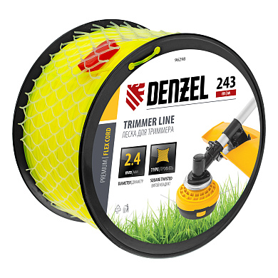 Леска для триммера витой квадрат, 2,4мм х 243м, на DIN катушке FLEX CORD Denzel