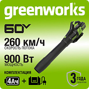 Воздуходув аккумуляторный Greenworks GD60ABK4, 60V, бесщеточный, c 1хАКБ 4 Ач и ЗУ (2405607UB)