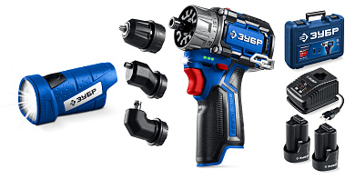 Модульная дрель-шуруповерт + LED фонарь, BRUSHLESS, 12 В, 45 Н·м, 2 АКБ тип Т7 (2 А·ч), кейс