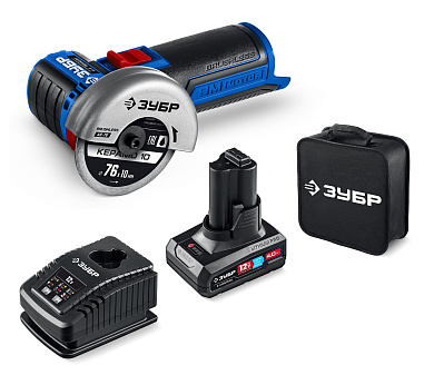 Бесщеточная УШМ ЗУБР 12 В, D76 мм, 1 АКБ тип Т7 (4 А·ч)