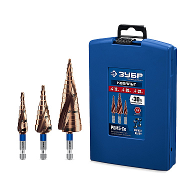 Набор ступенчатых сверл ЗУБР КОБАЛЬТ 3 шт, 4-32мм, винтовая проточка