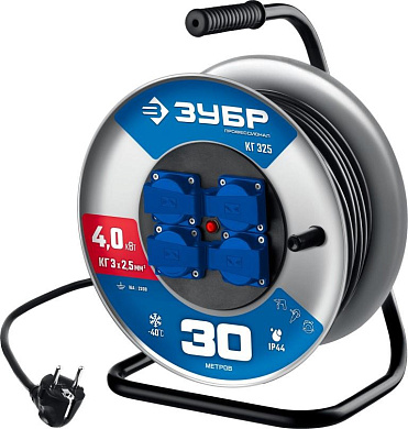 Силовой удлинитель на стальной катушке ЗУБР КГ 3х2.5 30м 4000Вт IP44, КГ 325