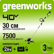 Триммер аккумуляторный Greenworks G40LTK2, 40V, 30 см, с 1хАКБ 2 Ач и ЗУ (2101507UA)
