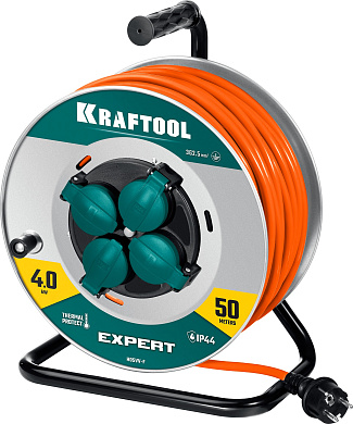 Силовой удлинитель на стальной катушке EXPERT KRAFTOOL ПВС 3х2.5 50м 4000Вт IP44