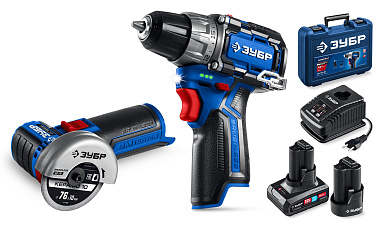 Дрель-шуруповерт + мини УШМ, BRUSHLESS, 12 В, 45 Н·м, 2 АКБ тип Т7 (4 и 2 А·ч), кейс ЗУБР