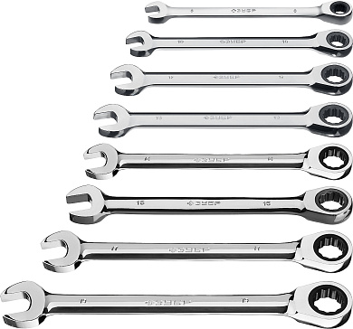 Набор ключей комбинированных гаечных трещоточных ЗУБР 8 шт, 8 - 19 мм