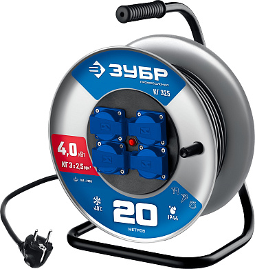 Силовой удлинитель на стальной катушке ЗУБР КГ-325, КГ, 3 x 2.5 мм2, 20 м, 4000 Вт, IP44