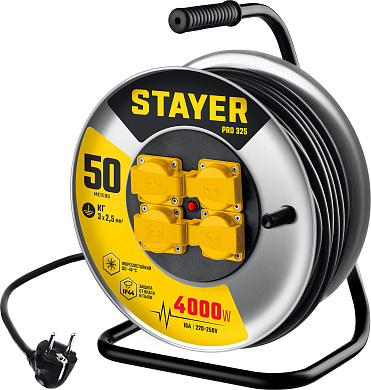Силовой удлинитель на стальной катушке STAYER PRO 325 КГ 3х2.5 50м 4000Вт IP44