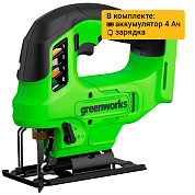Лобзик акк. Greenworks GD24JS90, 24V, б/щет, 90 мм,0-3000/мин,4 ст.маятник,LED,1х4Ач,ЗУ