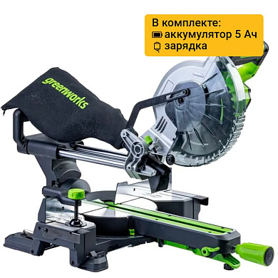 Торцовочная пила акк. Greenworks GD24MS216, 24V, б/щ, 4800 об/мин, 216x30мм,рез 65х310мм,1х5Ач,ЗУ (1