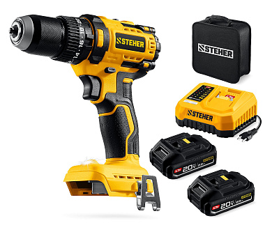 Бесщеточная ударная дрель-шуруповерт STEHER 20 В, 65 Н·м, 2 АКБ LMS (2 А·ч)