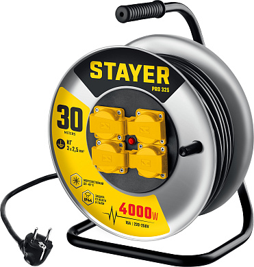 Силовой удлинитель на стальной катушке STAYER PRO-325, КГ, 3 х 2.5 мм2, 30 м, 4000 Вт, IP44