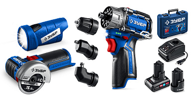 Дрель-шуруповерт + мини УШМ + LED фонарь, BRUSHLESS, 12 В, 45 Н·м, 2 АКБ тип Т7 (4 и 2 А·ч) ЗУБР 