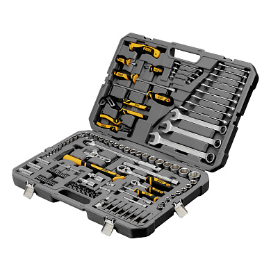 Набор инструментов, 1/2", 1/4", CrV, S2, пластиковый кейс, 122 предмета// Denzel