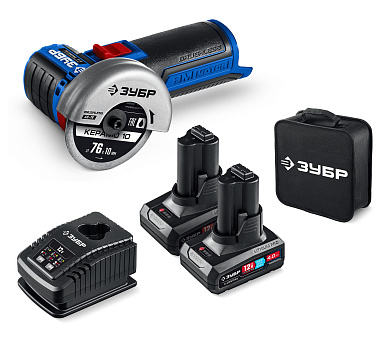 Бесщеточная УШМ ЗУБР 12 В, D76 мм, 2 АКБ тип Т7 (4 А·ч)