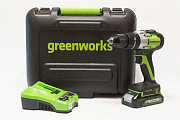 Ударная дрель-шуруповерт Greenworks GD24DD60k2, 24v, 60 Нм, в комплекте АКБ 2 А·ч и ЗУ