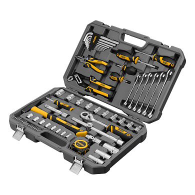 Набор инструментов, 1/2", 1/4", CrV, S2, пластиковый кейс, 64 предмета// Denzel