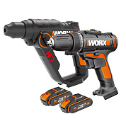 Дрель-шуруповерт аккумуляторная WORX WX101.9 + Перфоратор аккумуляторный WORX H3 WX390.1, 20В, 2Ач х2, ЗУ 2А, кейс с оснасткой