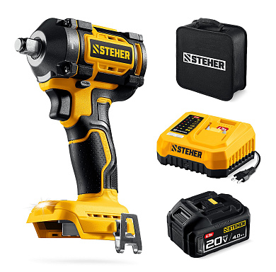 Бесщеточный ударный гайковерт STEHER 20 В, 500 Н·м, 1 АКБ LMS (4 А·ч)